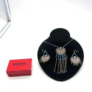 Silver and turquoise necklace and earrings set small bird on crescent  19 in